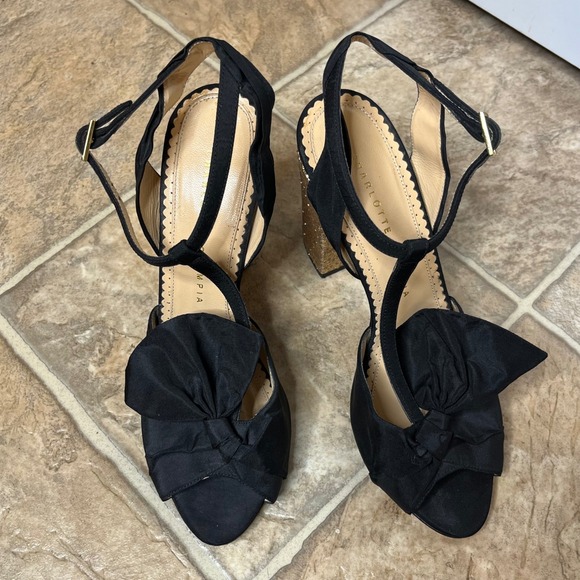 Charlotte Olympia Size 38 Black Satin Bow Block Heel Sandal T Strap Gold Glitter - Picture 3 of 9